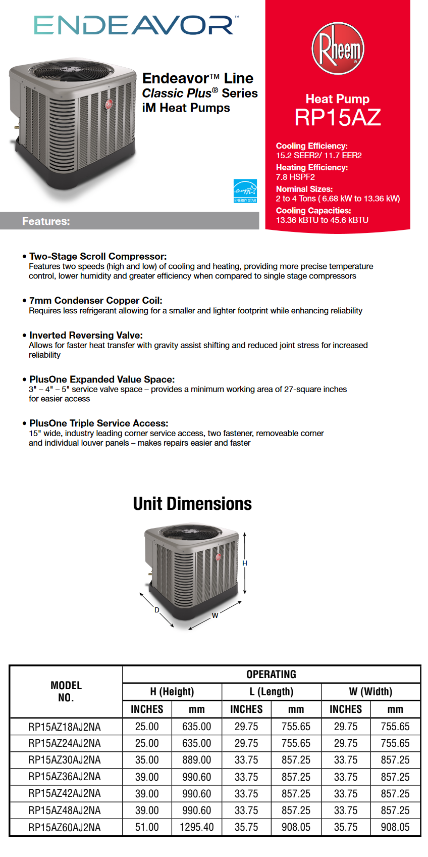 2.5 Ton Rheem 15 SEER2 Two Stage Heat Pump R-410A Condenser RP15AZ30AJ2NA (Closeout Special)(F)